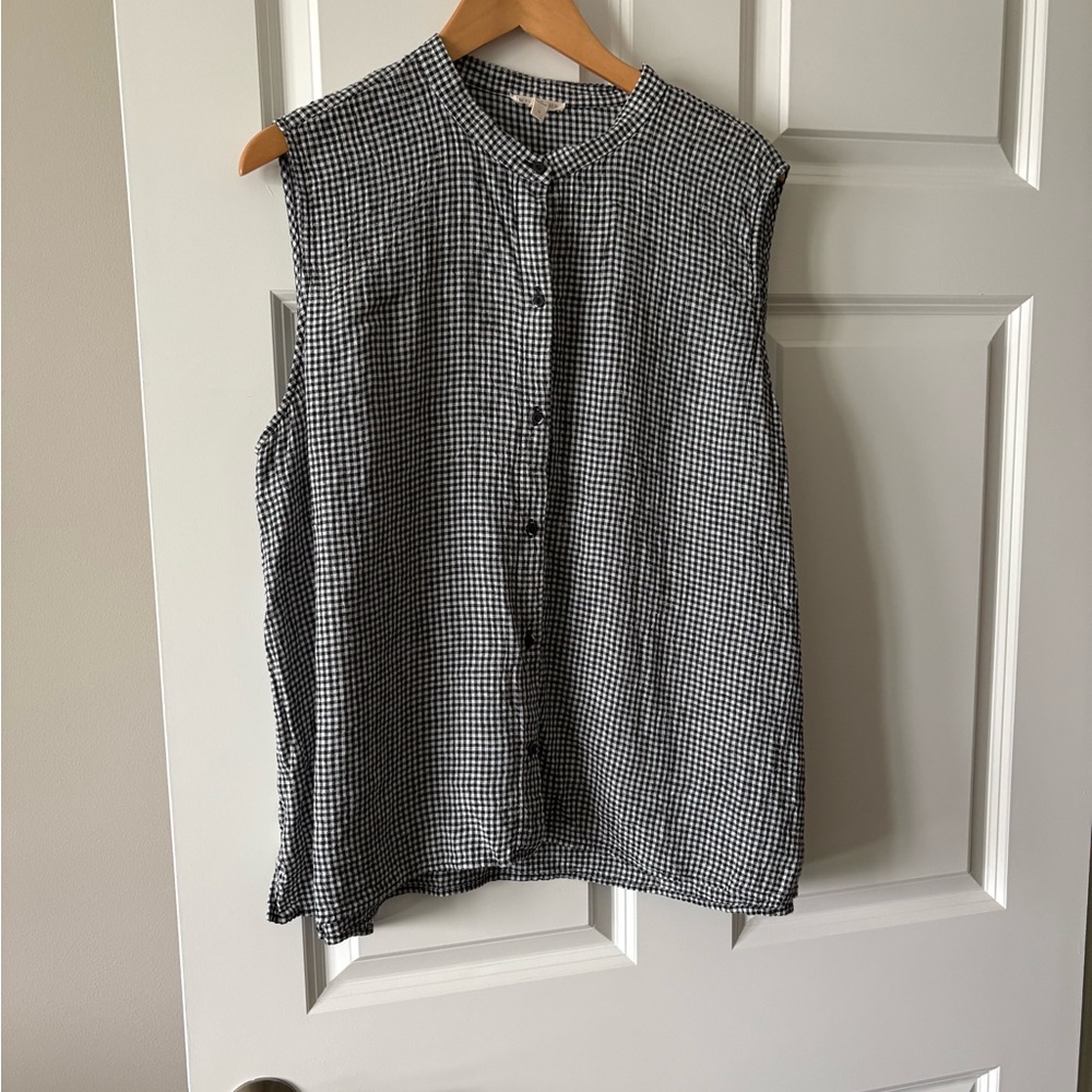 Eileen Fisher Black and White Gingham Sleeveless Button-Front Top